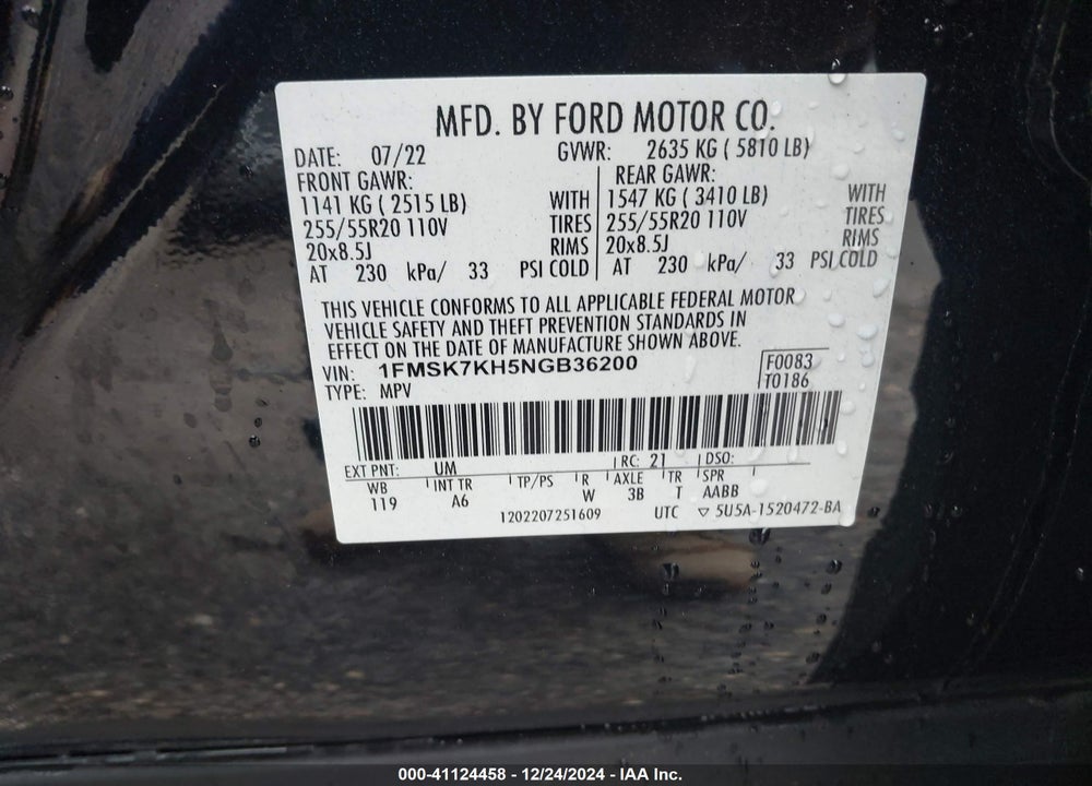 2022 FORD EXPLORER ST-LINE VIN: 1FMSK7KH5NGB36200