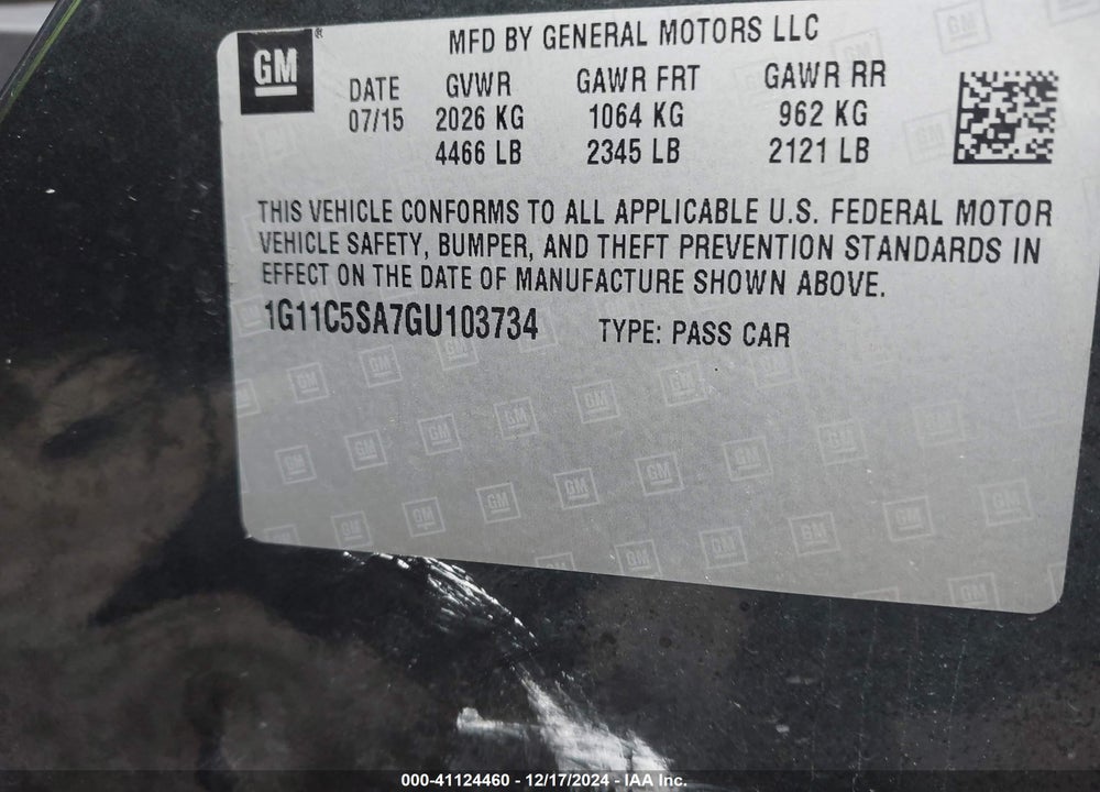 2016 CHEVROLET MALIBU LIMITED LT VIN: 1G11C5SA7GU103734