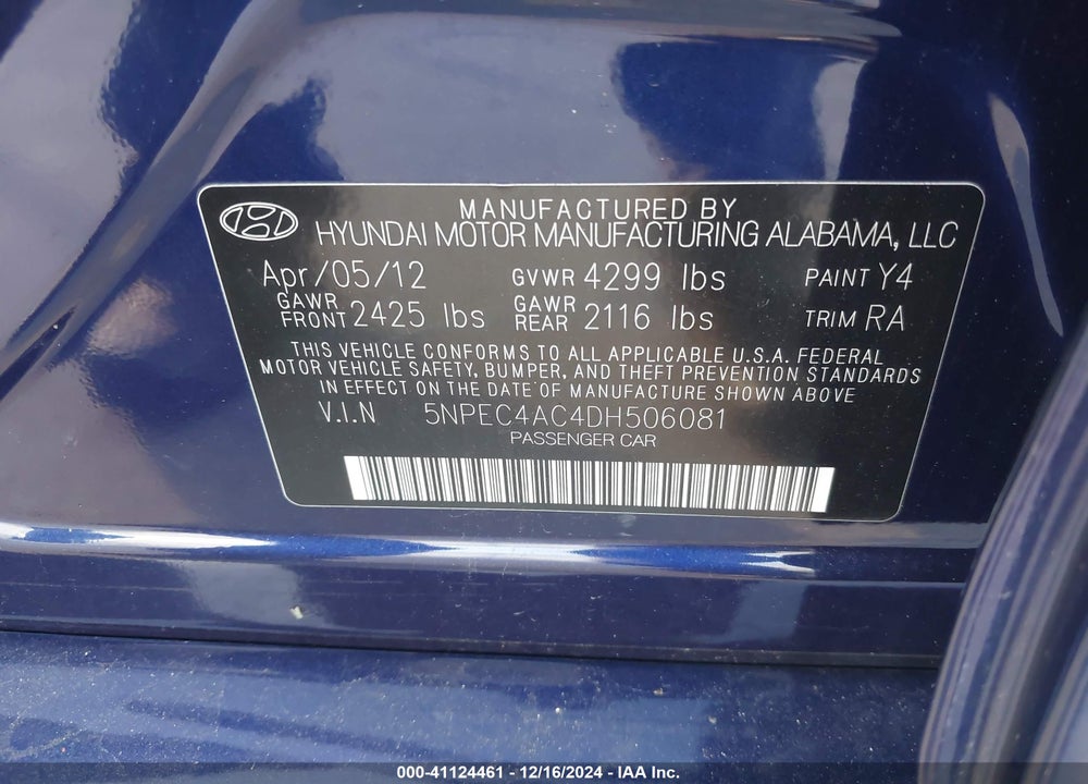 2013 HYUNDAI SONATA SE VIN: 5NPEC4AC4DH506081