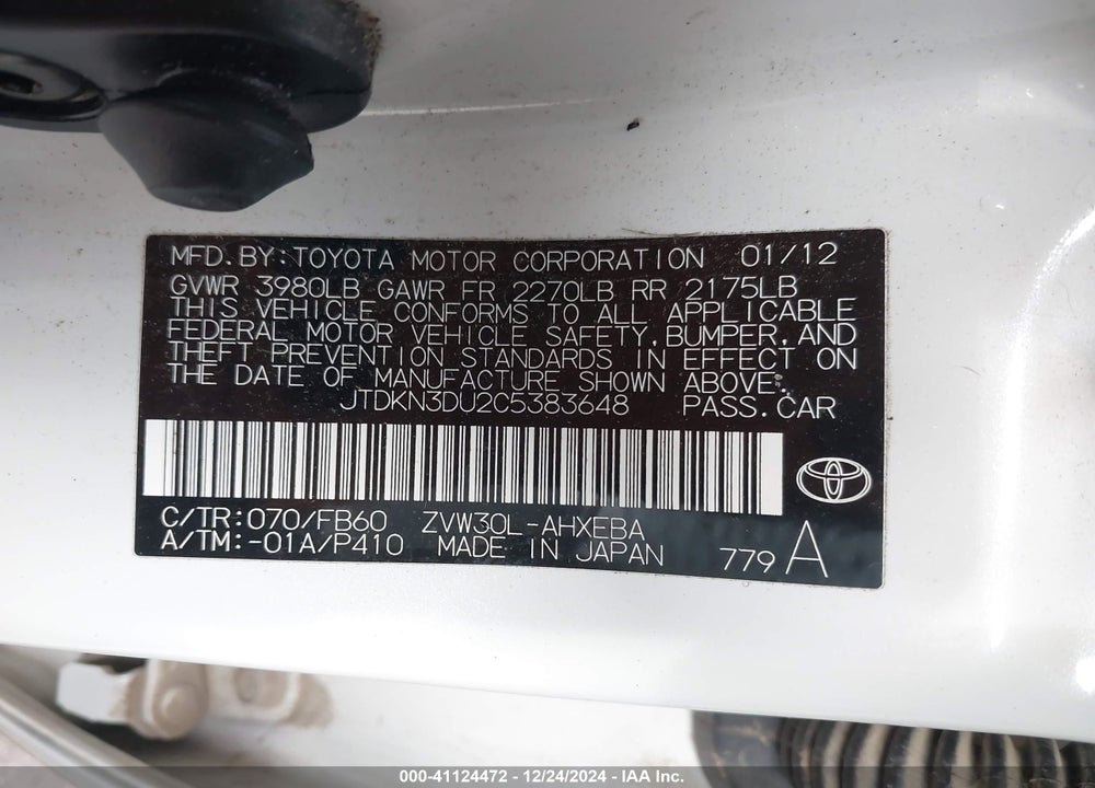 2012 TOYOTA PRIUS THREE VIN: JTDKN3DU2C5383648