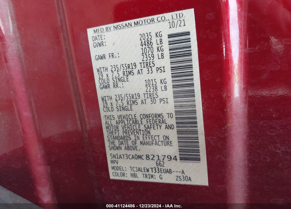 2021 NISSAN ROGUE VIN: 5N1AT3CA0MC821794