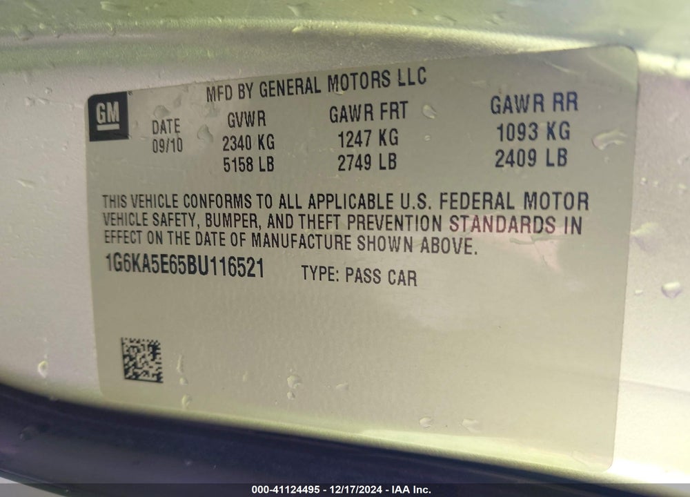 2011 CADILLAC DTS VIN: 1G6KA5E65BU116521