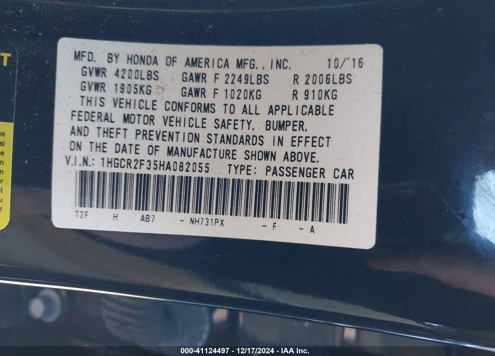 2017 HONDA ACCORD LX VIN: 1HGCR2F35HA082055