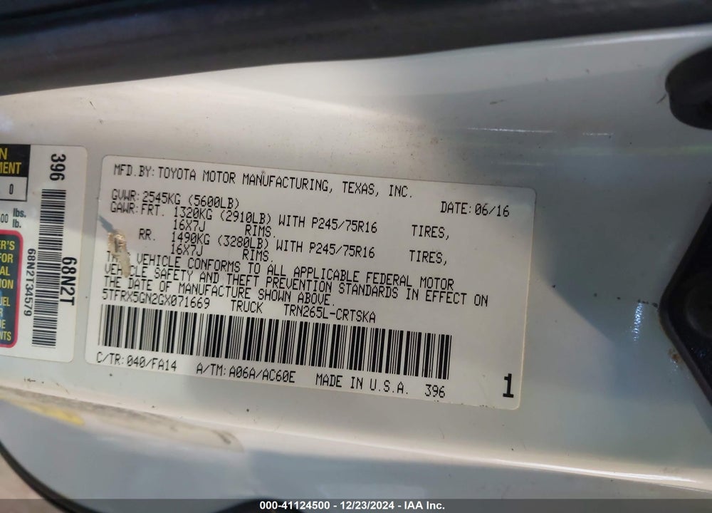 2016 TOYOTA TACOMA VIN: 5TFRX5GN2GX071669