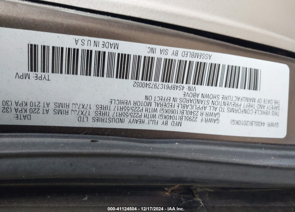 2009 SUBARU OUTBACK VIN: 4S4BP61C797340052