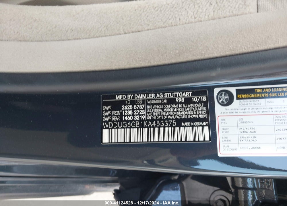 2019 MERCEDES-BENZ S 450 VIN: WDDUG6GB1KA453375