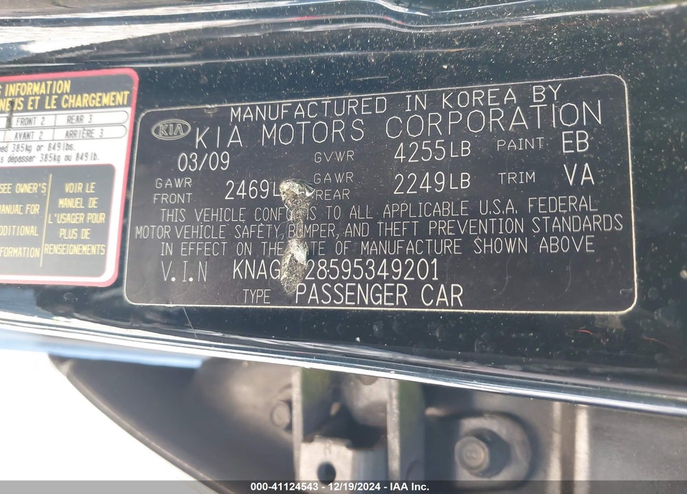 2009 KIA OPTIMA SX VIN: KNAGE228595349201