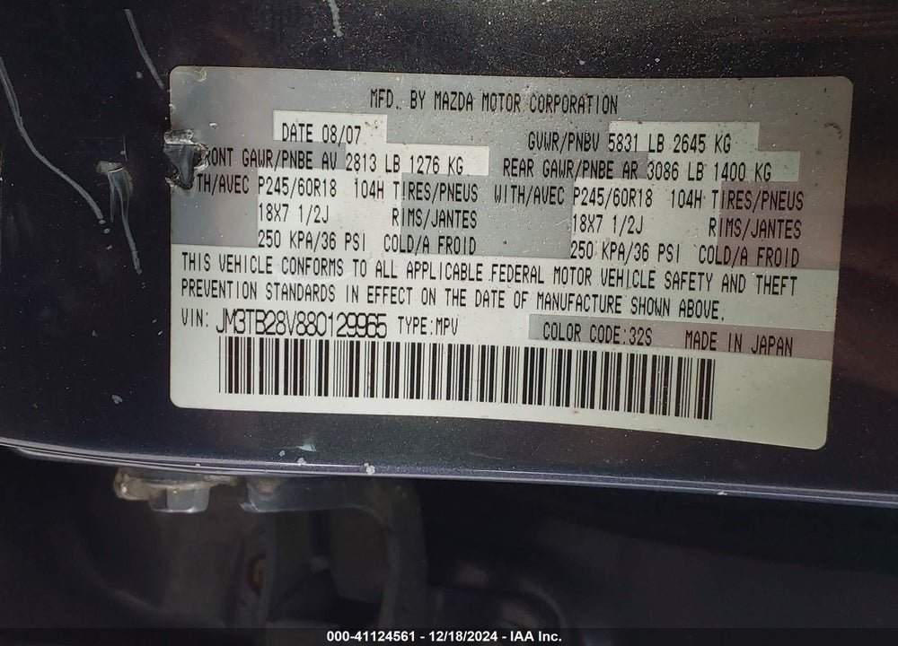 2008 MAZDA CX-9 SPORT VIN: JM3TB28V880129965