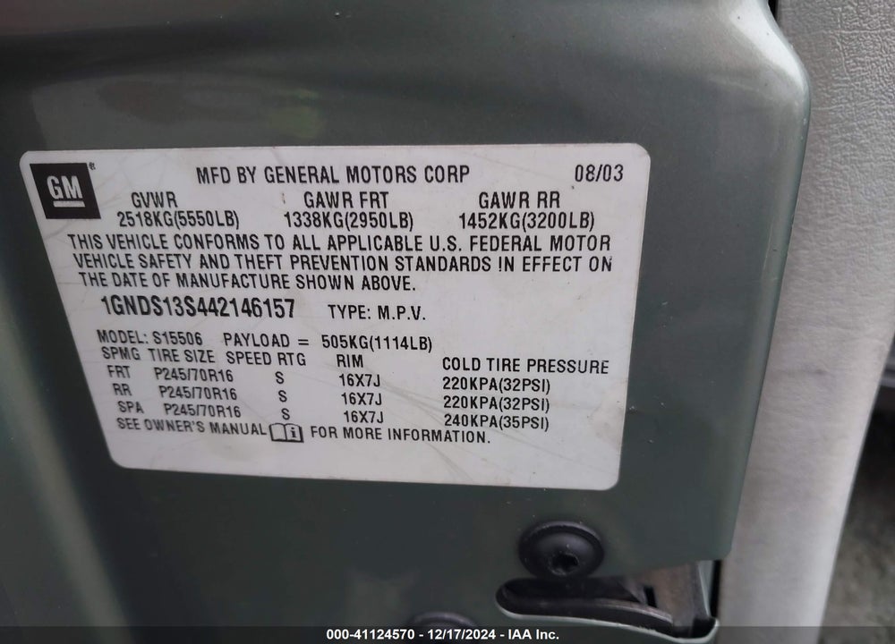 2004 CHEVROLET TRAILBLAZER LS VIN: 1GNDS13S442146157