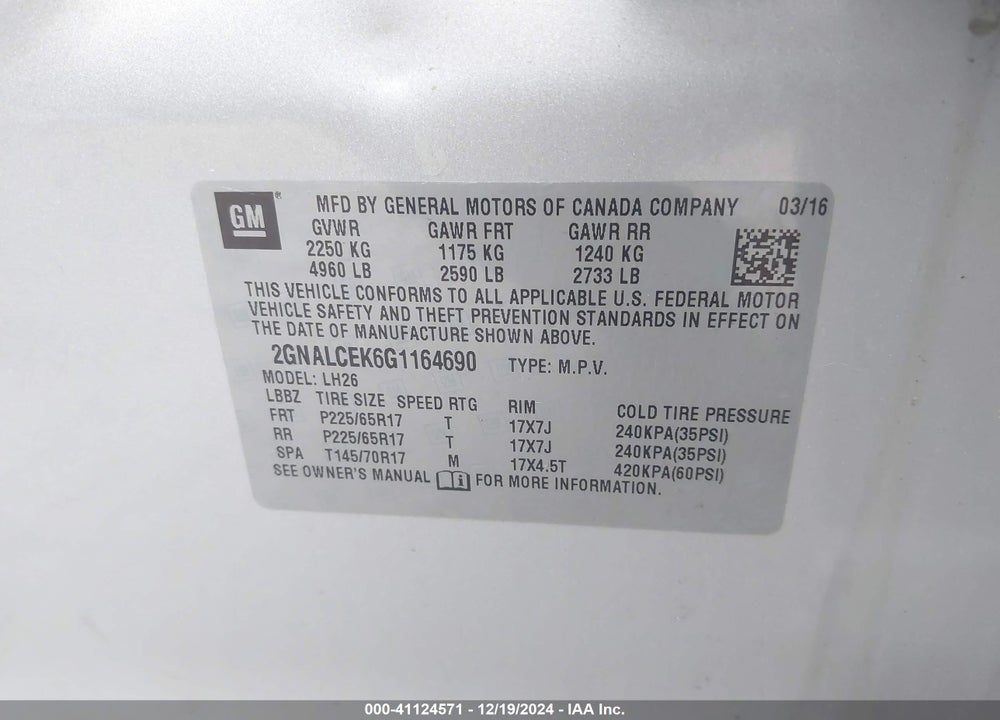 2016 CHEVROLET EQUINOX LT VIN: 2GNALCEK6G1164690