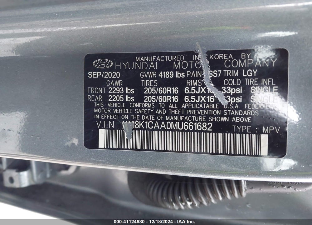 2021 HYUNDAI KONA SE VIN: KM8K1CAA0MU661682
