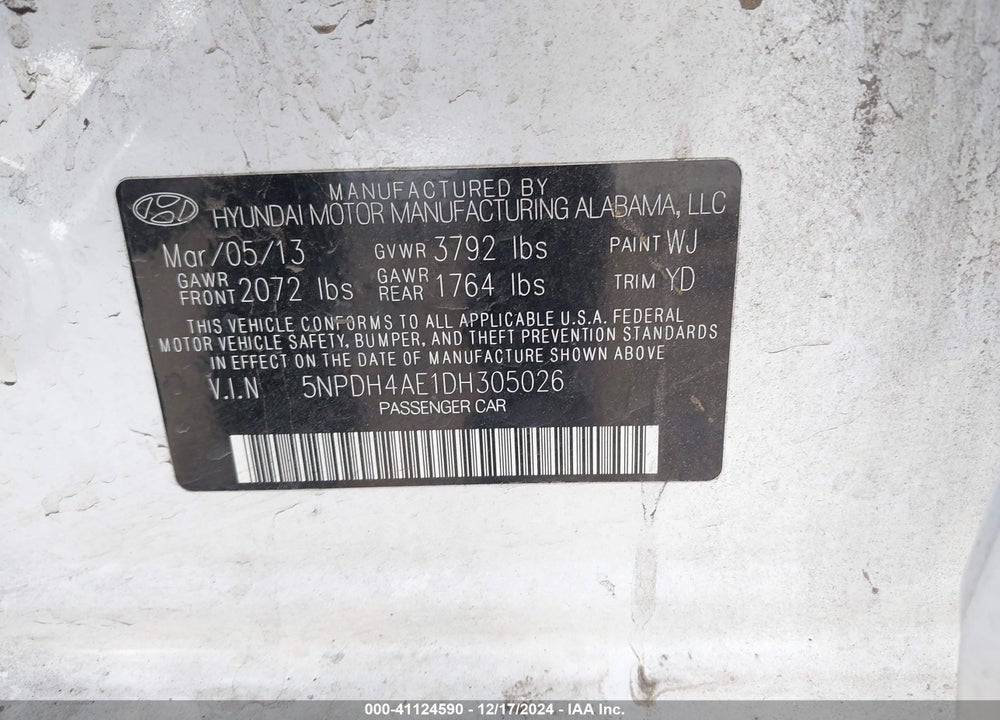 2013 HYUNDAI ELANTRA VIN: 5NPDH4AE1DH305026