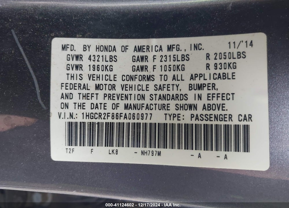 2015 HONDA ACCORD EX-L VIN: 1HGCR2F86FA060977