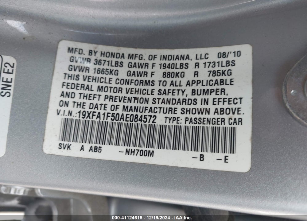 2010 HONDA CIVIC LX VIN: 19XFA1F50AE084572