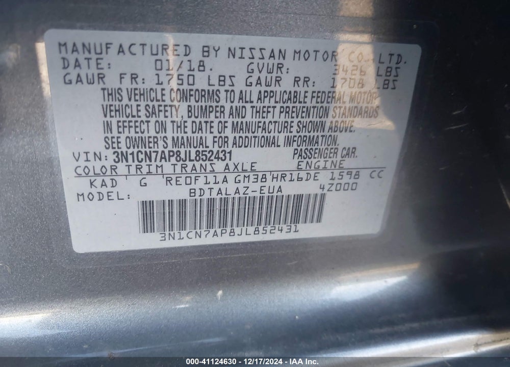2018 NISSAN VERSA VIN: 3N1CN7AP8JL852431