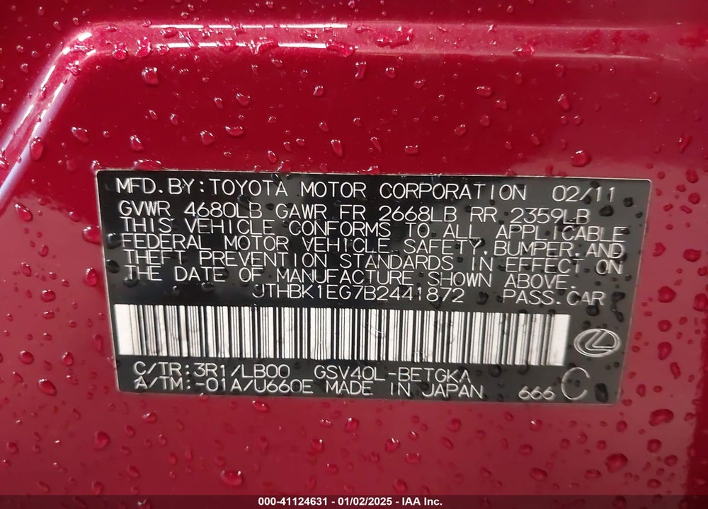 2011 LEXUS ES 350 VIN: JTHBK1EG7B2441872