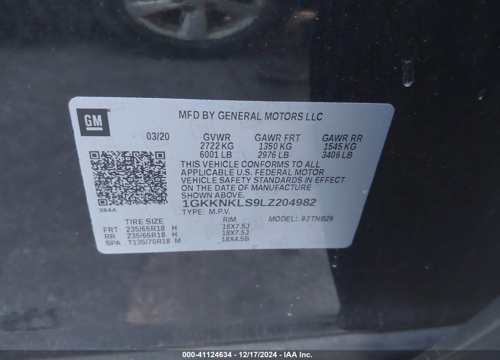 2020 GMC ACADIA FWD SLE VIN: 1GKKNKLS9LZ204982