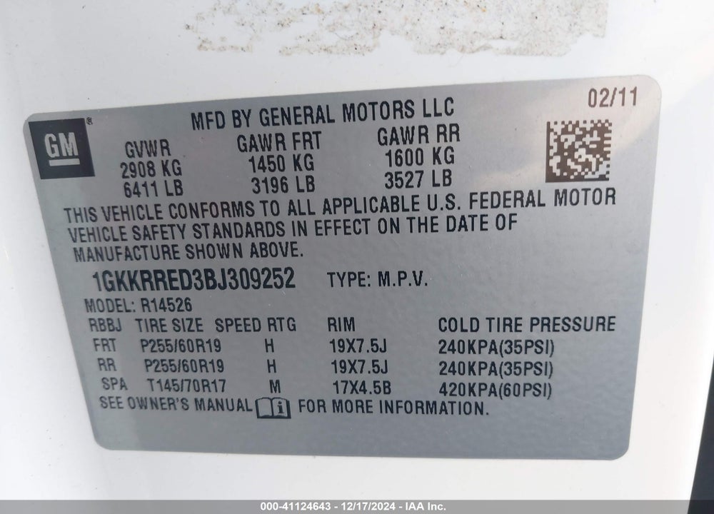 2011 GMC ACADIA SLT-1 VIN: 1GKKRRED3BJ309252