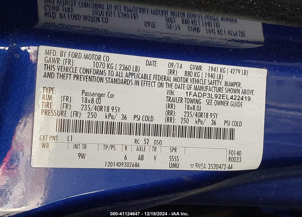 2014 FORD FOCUS VIN: 1FADP3L92EL422419