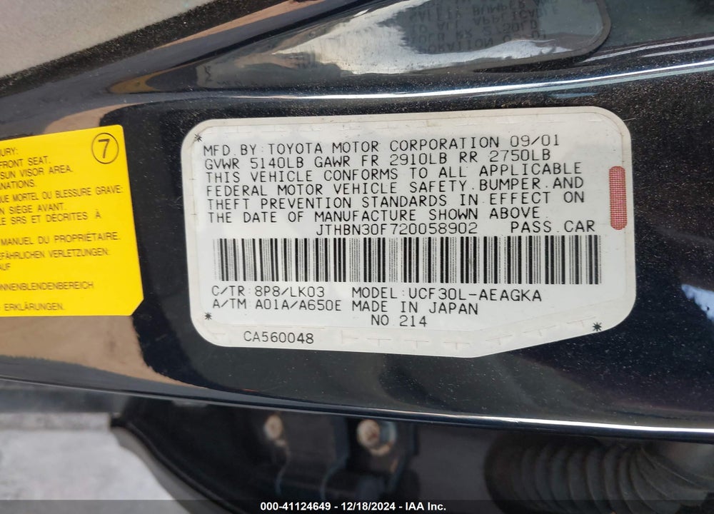 2002 LEXUS LS 430 VIN: JTHBN30F720058902