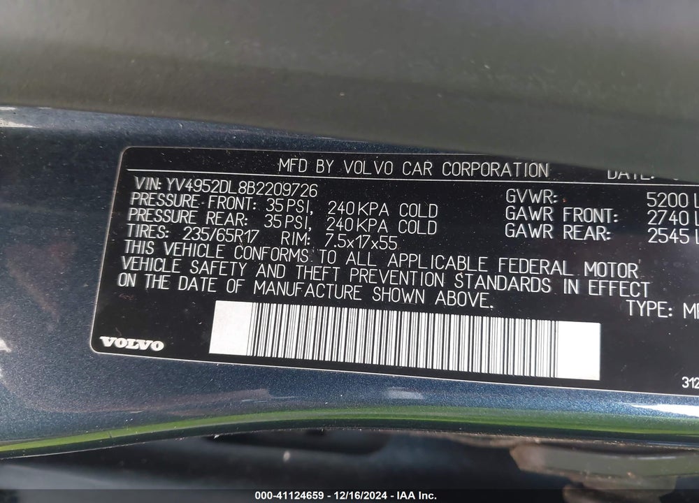 2011 VOLVO XC60 3.2 VIN: YV4952DL8B2209726