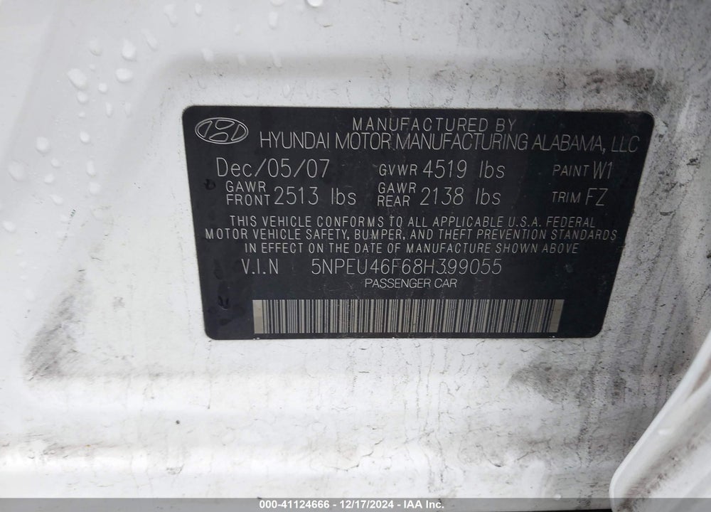 2008 HYUNDAI SONATA LIMITED V6/SE V6 VIN: 5NPEU46F68H399055