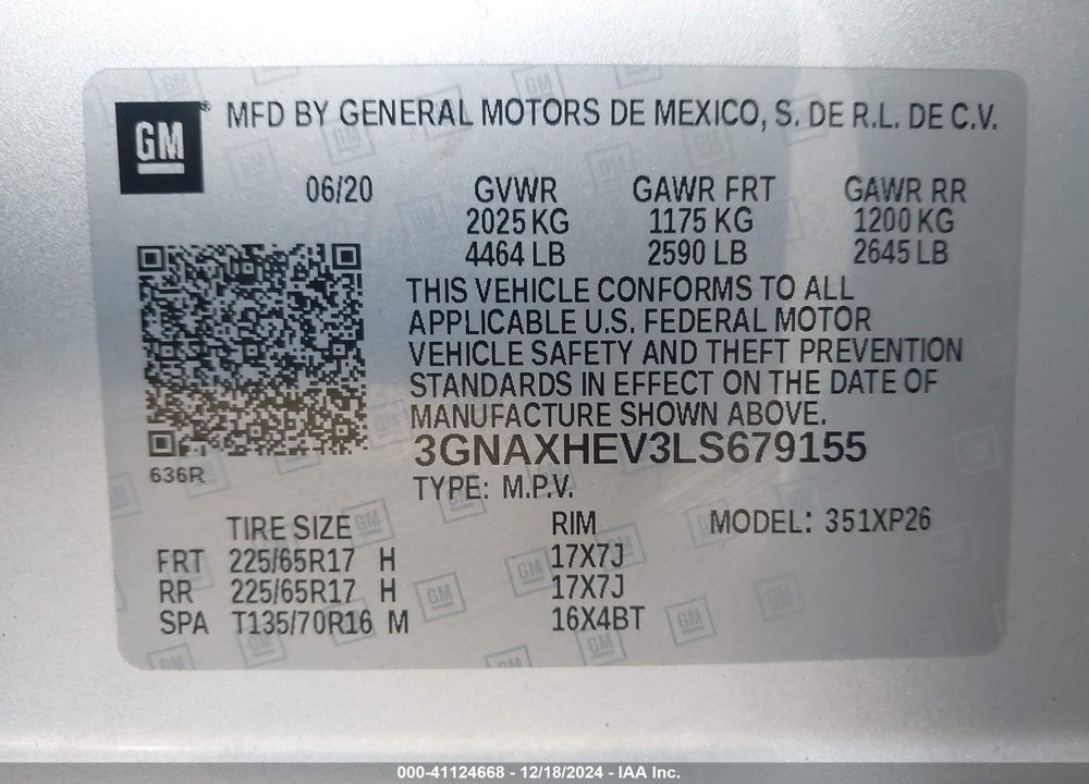 2020 CHEVROLET EQUINOX FWD LS VIN: 3GNAXHEV3LS679155