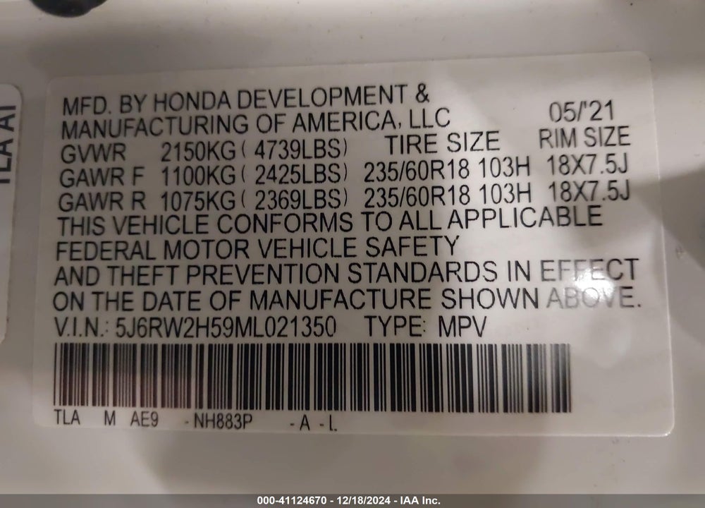 2021 HONDA CR-V AWD EX VIN: 5J6RW2H59ML021350