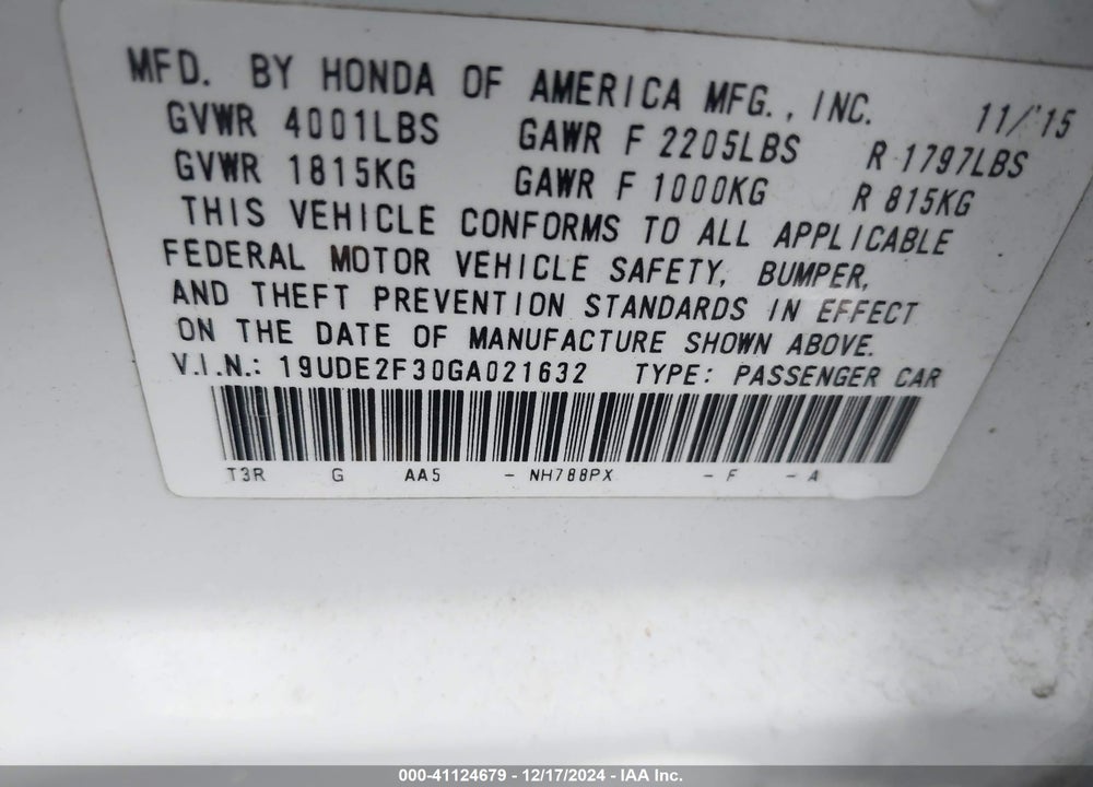 2016 ACURA ILX VIN: 19UDE2F30GA021632