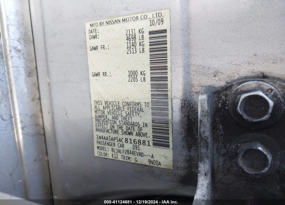 2010 NISSAN MAXIMA 3.5 SV VIN: 1N4AA5AP5AC816881