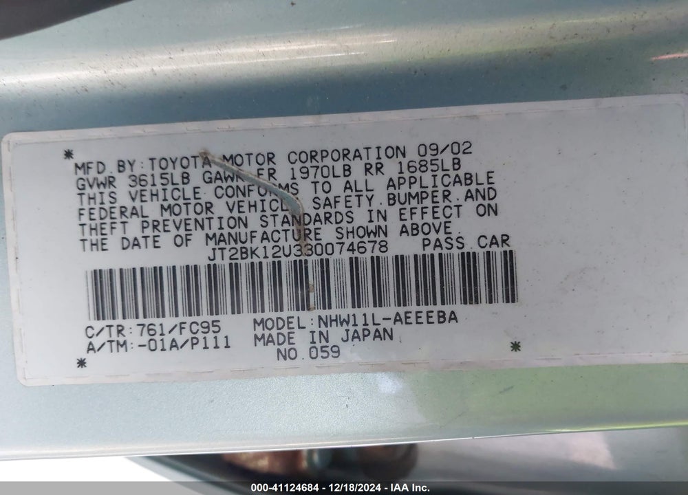 2003 TOYOTA PRIUS VIN: JT2BK12U330074678