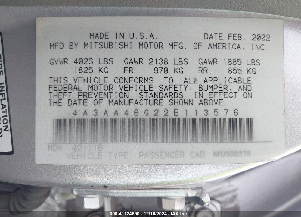 2002 MITSUBISHI GALANT ES/LS VIN: 4A3AA46G22E113576