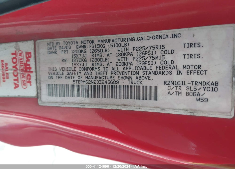 2003 TOYOTA TACOMA VIN: 5TEPM62N23Z245689