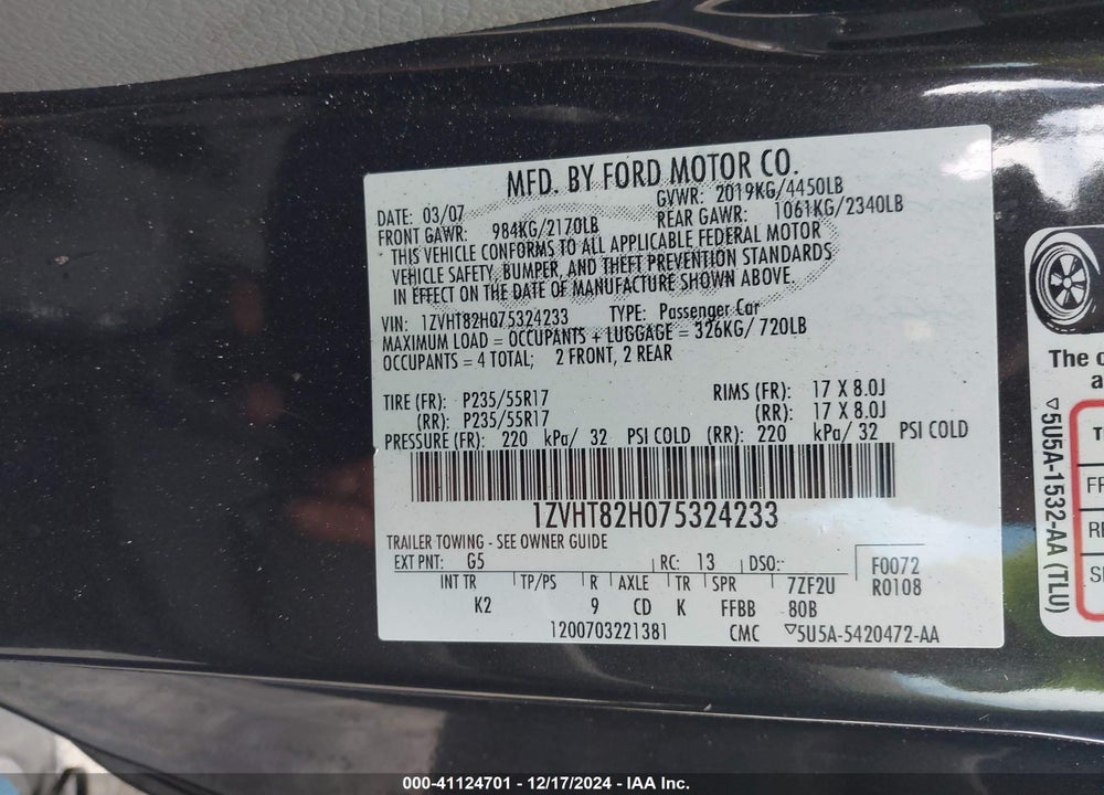 2007 FORD MUSTANG GT DELUXE/GT PREMIUM VIN: 1ZVHT82H075324233