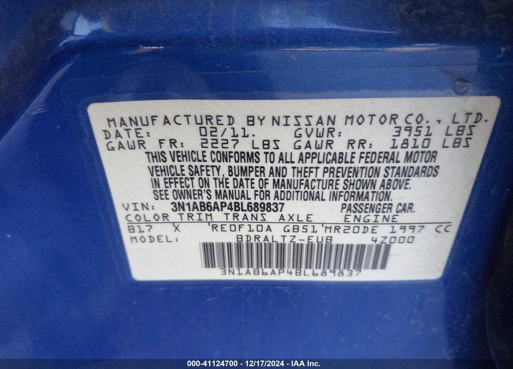 2011 NISSAN SENTRA 2.0SR VIN: 3N1AB6AP4BL689837