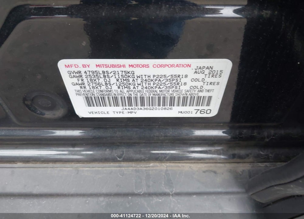 2016 MITSUBISHI OUTLANDER SE/SEL VIN: JA4AD3A36GZ010826