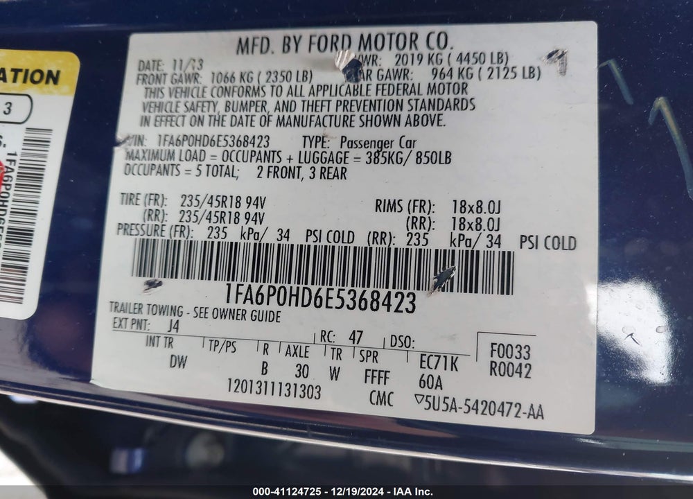 2014 FORD FUSION SE VIN: 1FA6P0HD6E5368423