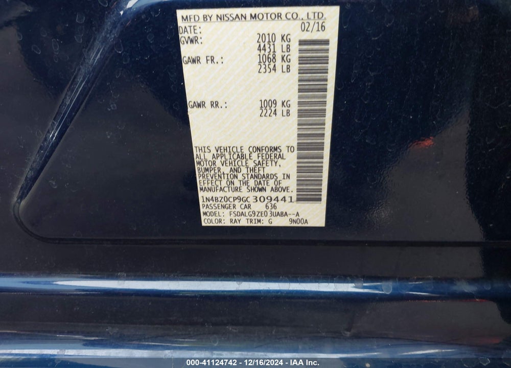 2016 NISSAN LEAF SL VIN: 1N4BZ0CP9GC309441