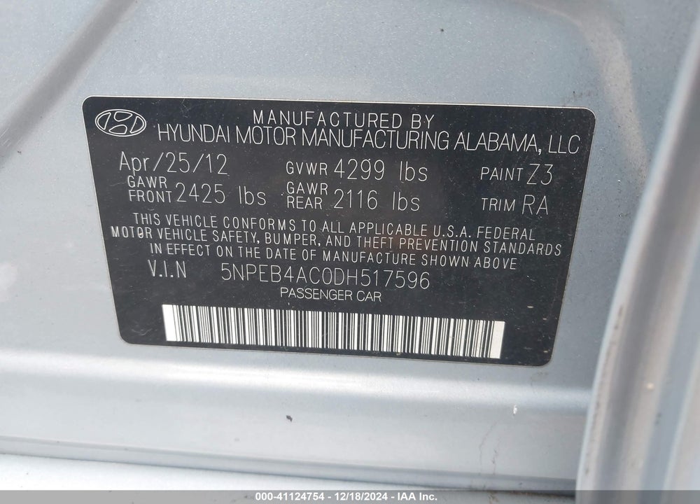 2013 HYUNDAI SONATA GLS VIN: 5NPEB4AC0DH517596