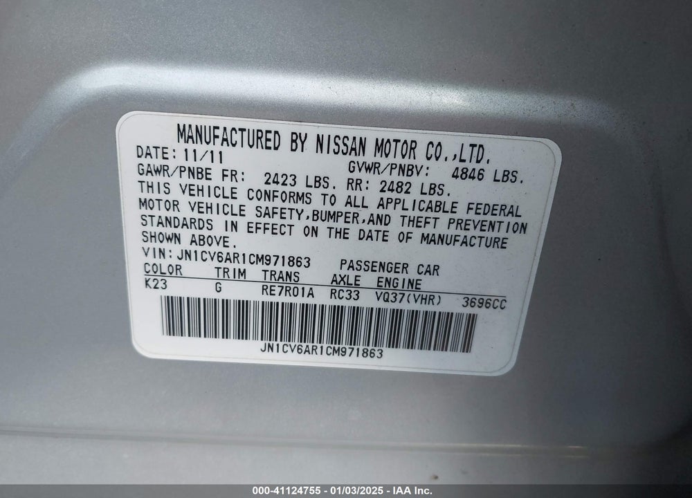 2012 INFINITI G37X VIN: JN1CV6AR1CM971863