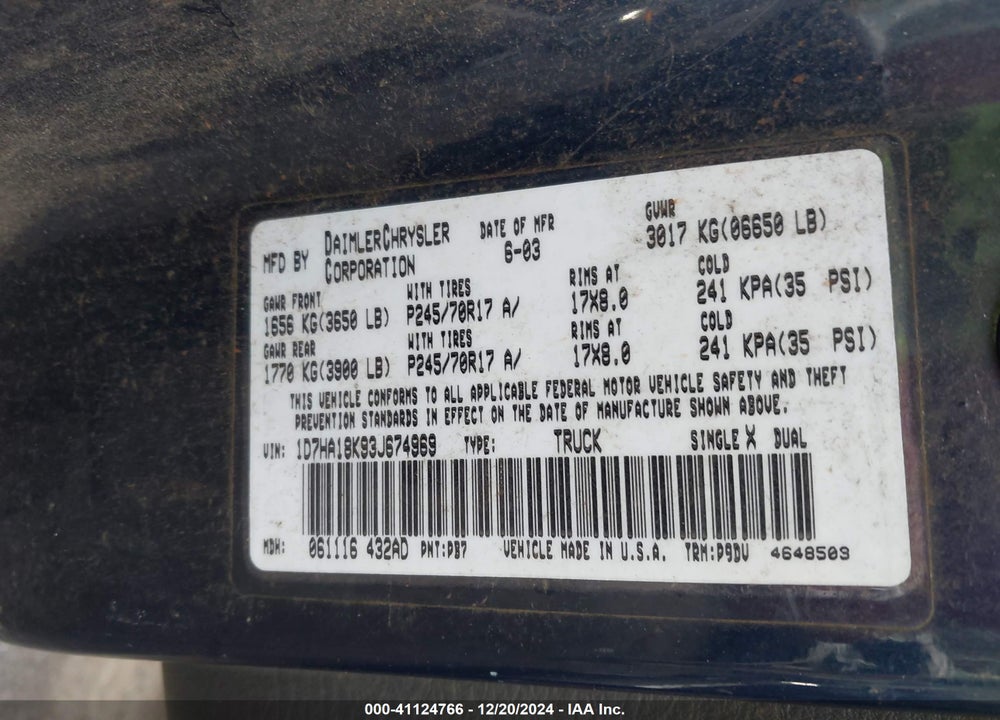 2003 DODGE RAM 1500 ST VIN: 1D7HA18K93J674969