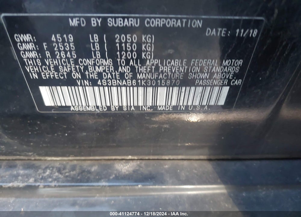 2019 SUBARU LEGACY 2.5I VIN: 4S3BNAB61K3015870