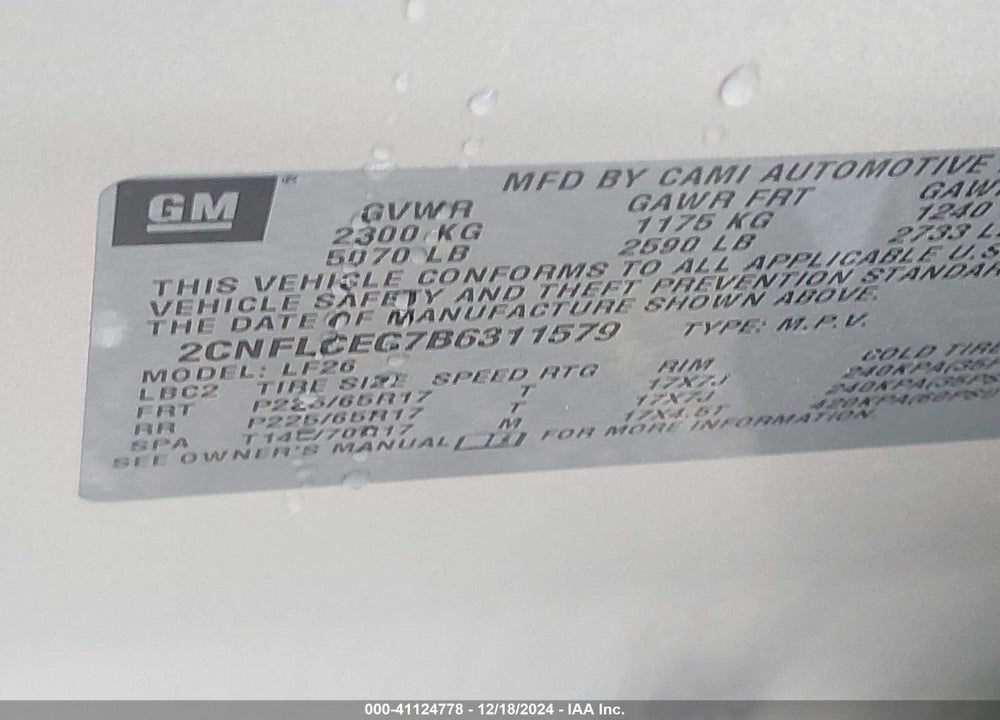 2011 CHEVROLET EQUINOX LS VIN: 2CNFLCEC7B6311579