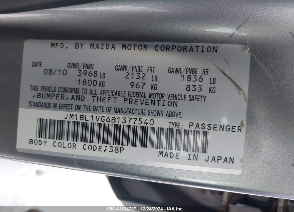 2011 MAZDA 3 I TOURING VIN: JM1BL1VG6B1377540