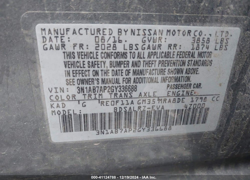 2016 NISSAN SENTRA VIN: 3N1AB7AP2GY336688