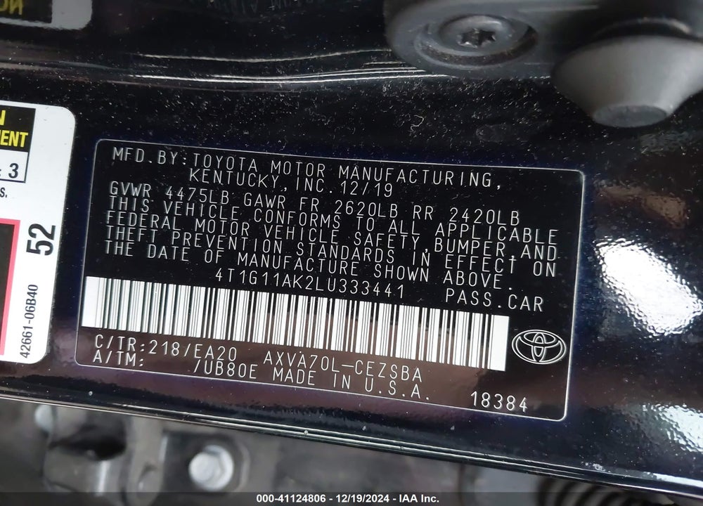 2020 TOYOTA CAMRY VIN: 4T1G11AK2LU333441