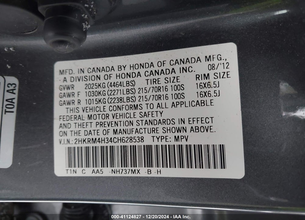 2012 HONDA CR-V LX VIN: 2HKRM4H34CH628538