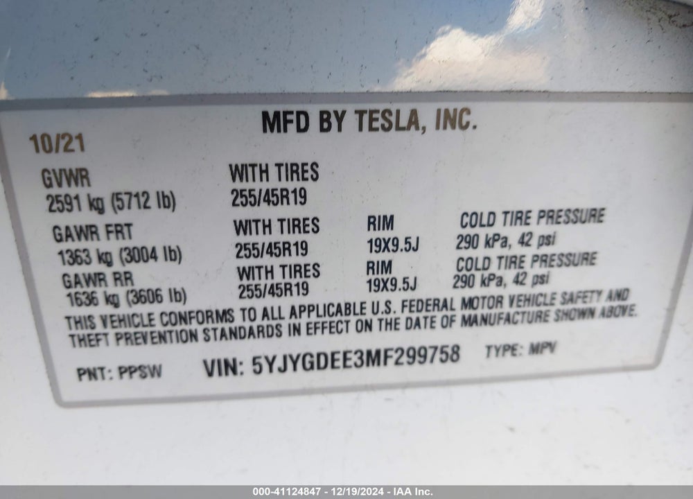 2021 TESLA MODEL Y LONG RANGE DUAL MOTOR ALL-WHEEL DRIVE VIN: 5YJYGDEE3MF299758