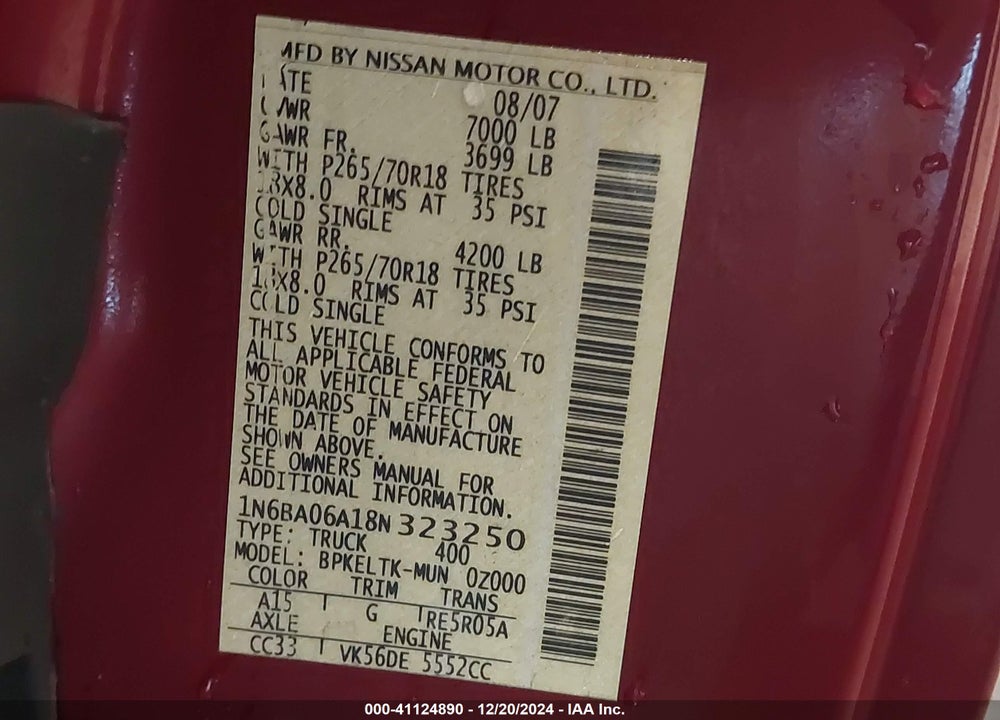 2008 NISSAN TITAN VIN: 1N6BA06A18N323250