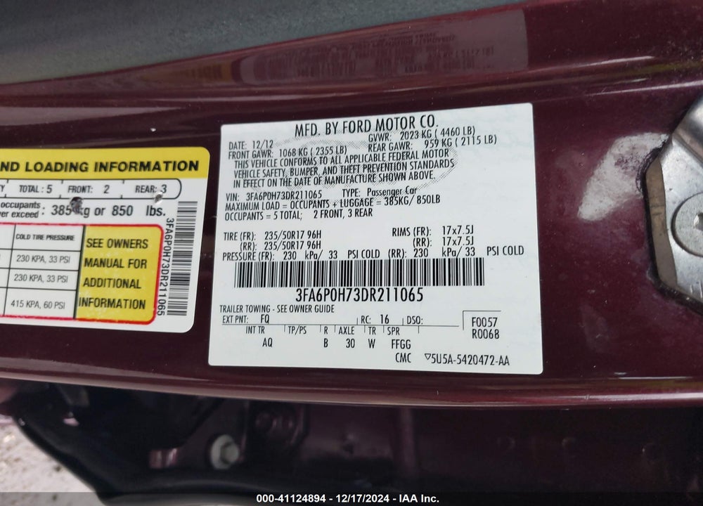 2013 FORD FUSION SE VIN: 3FA6P0H73DR211065
